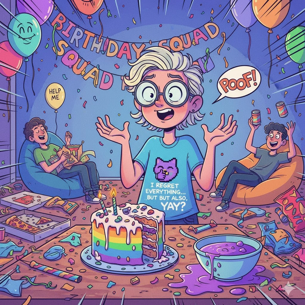 A chaotic but funny birthday scene: a Gen Z person staring at a half-eaten cake