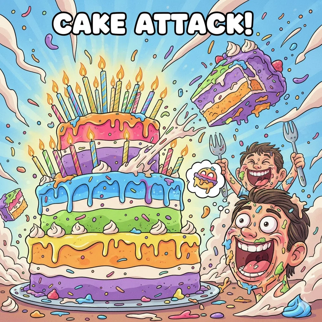 A giant birthday cake with candles, slice flying into someone’s mouth