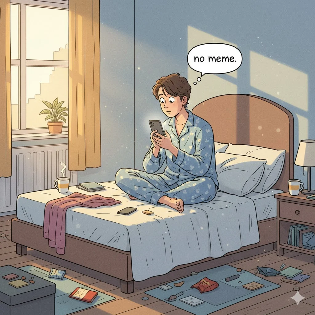 A person sitting on bed in pajamas staring blankly at phone screen