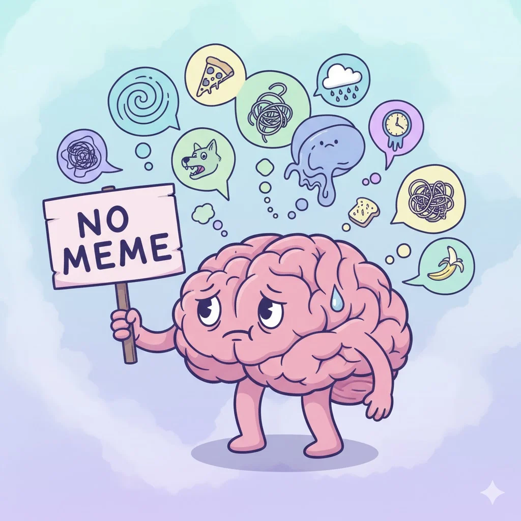 Cartoon brain holding a “no meme” sign