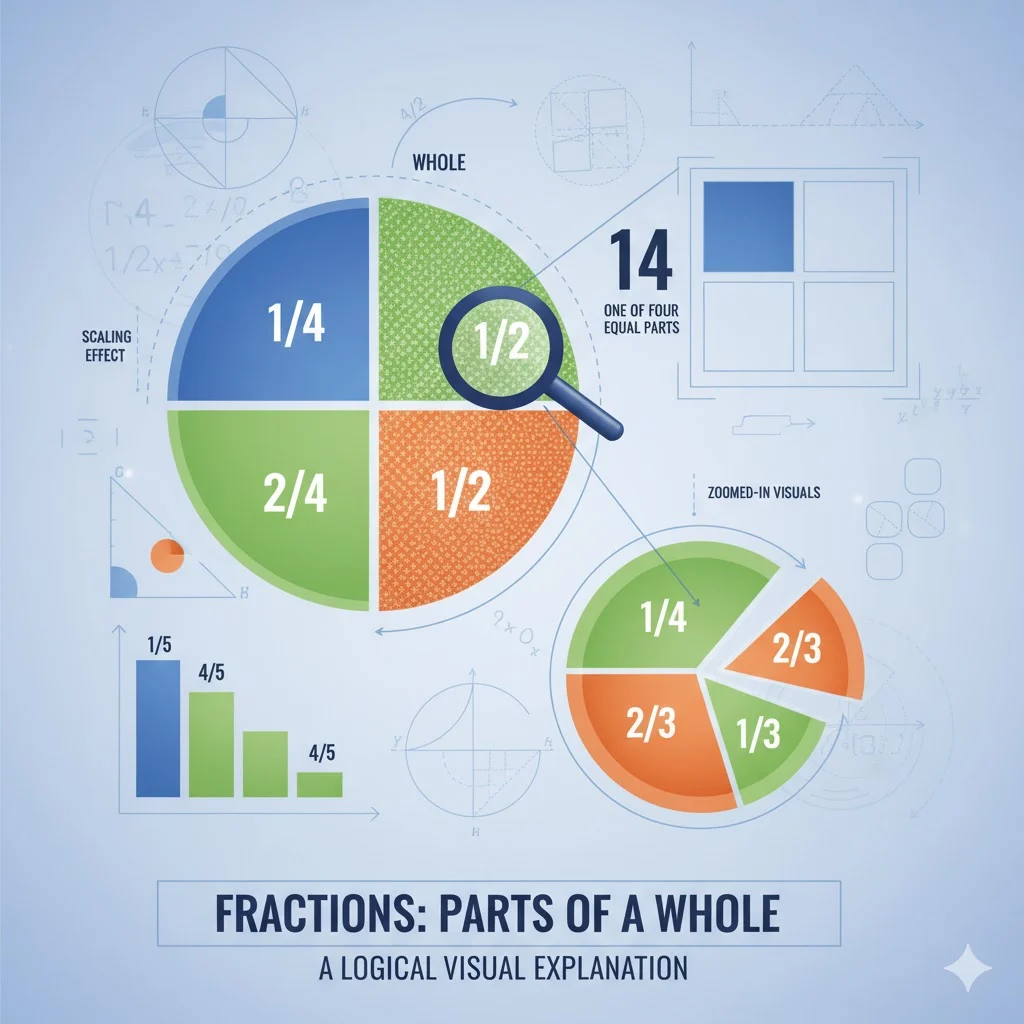 Conceptual math illustration showing fractions as parts of a whole, scaling effect, zoomed-in visuals of shapes divided into parts, logical explanation visual.