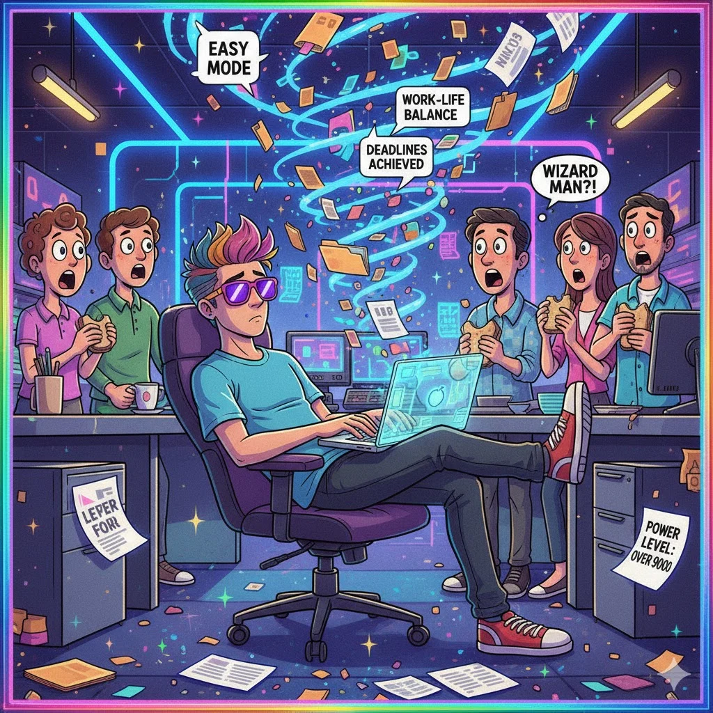 Cool young man in an office, effortlessly finishing work on a laptop while papers fly around magically