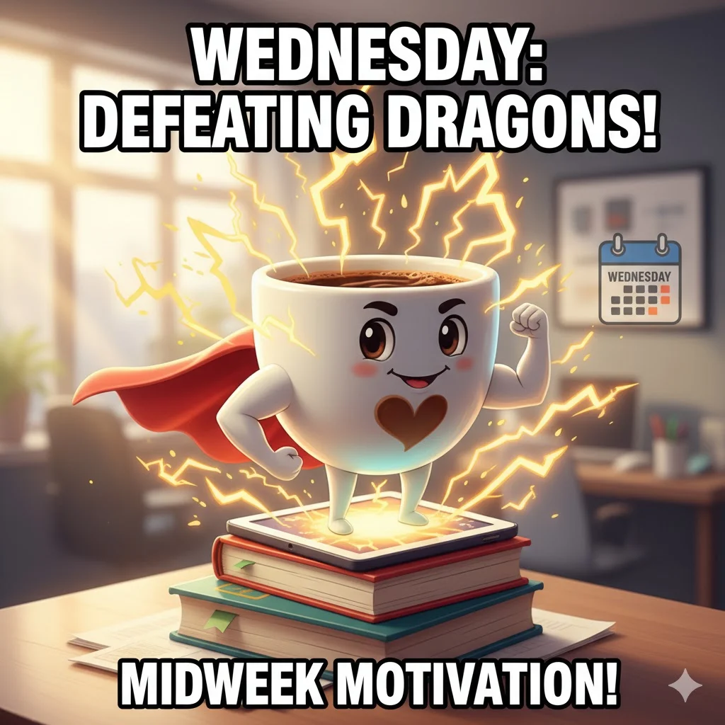 Cute and funny coffee cup character looking heroic on a Wednesday morning