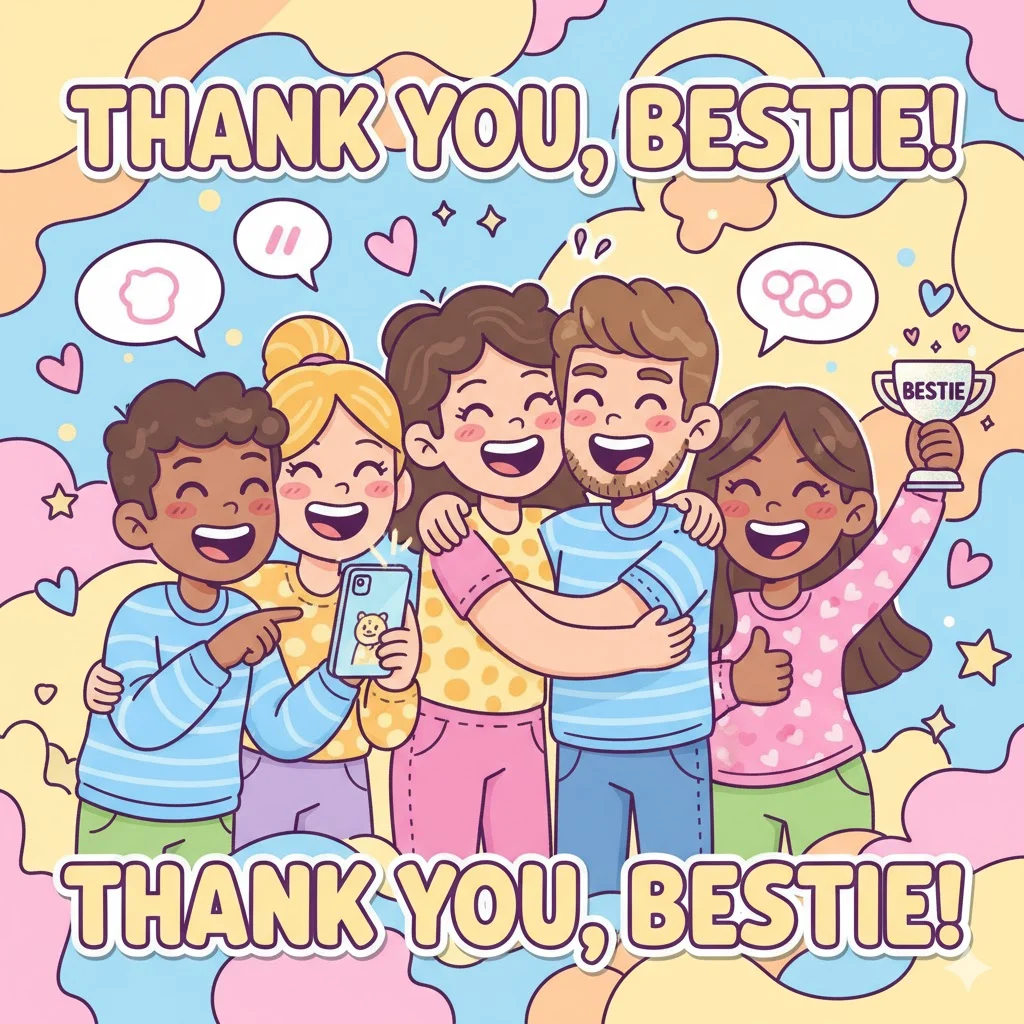 Draw a fun, cartoon-style meme of friends or couples showing gratitude