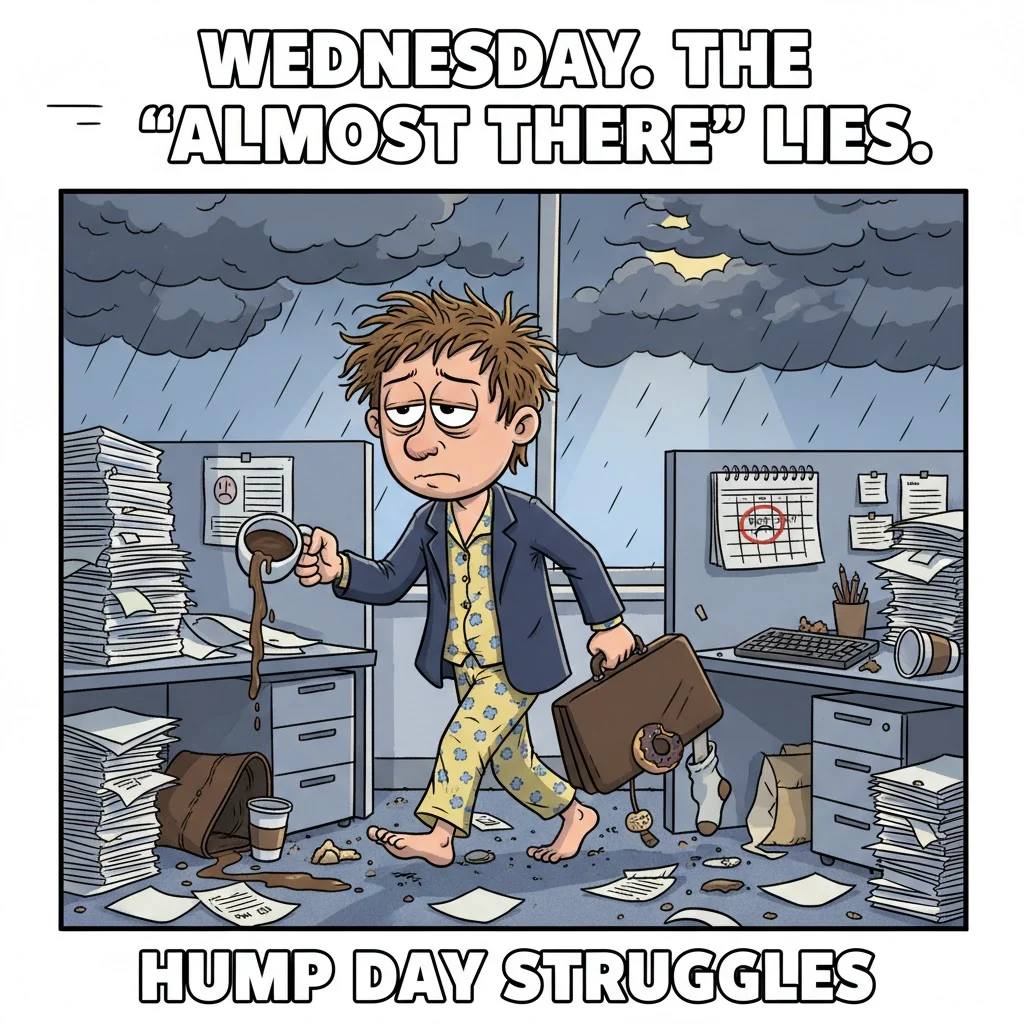 Funny cartoon of a sleepy office worker dragging themselves to work on a Wednesday morning