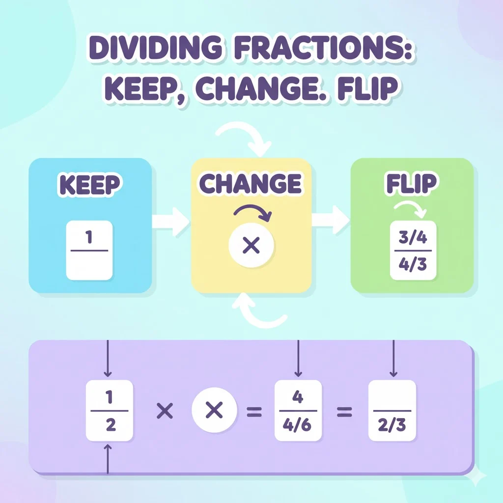 Infographic explaining the Keep, Change, Flip rule step-by-step with arrows and fractions, clear labels (Keep, Change, Flip), bright pastel background, modern educational illustration.