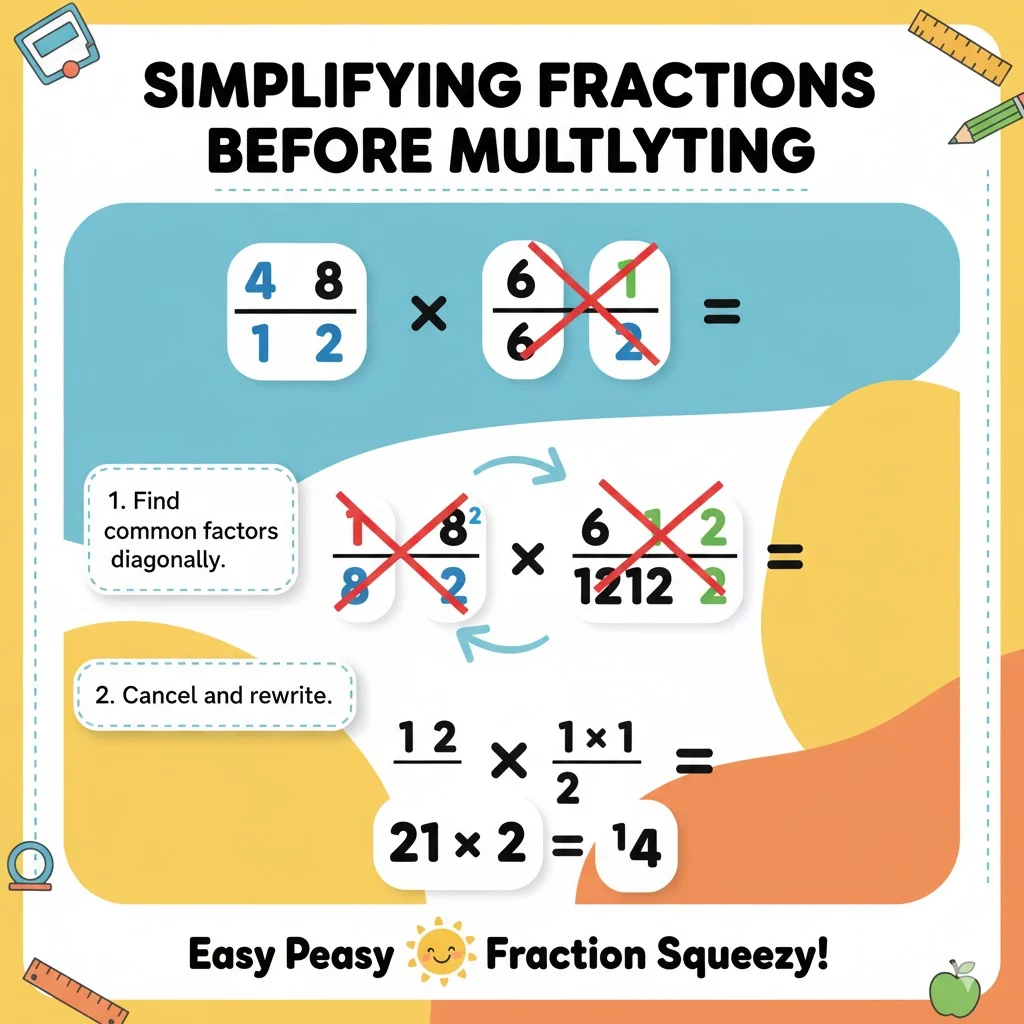 Infographic showing how to simplify fractions before multiplying, canceling common factors with red X lines, simple math symbols, educational colorful layout