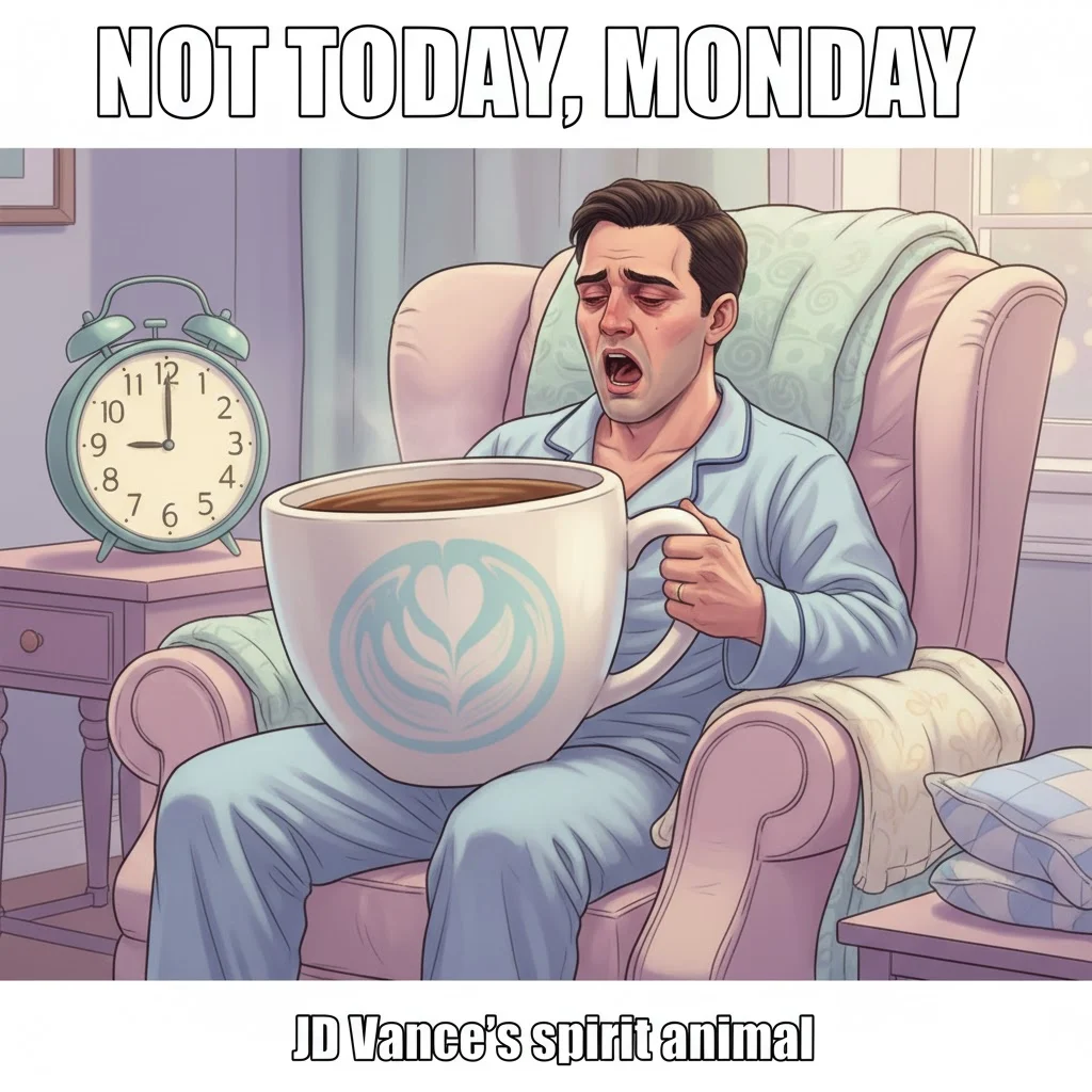 JD Vance half-asleep with a giant coffee cup