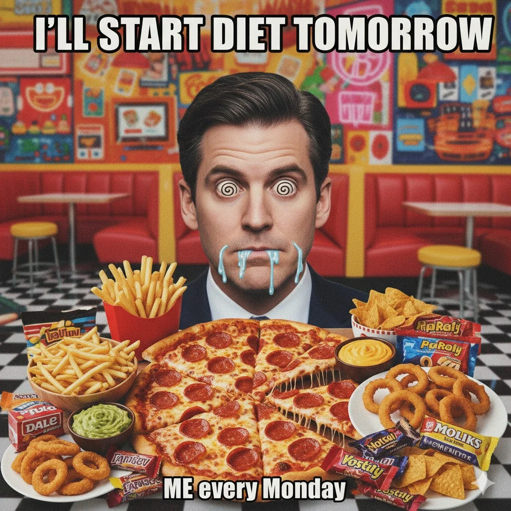 JD Vance looking at pizza, fries, and snacks with hungry eyes