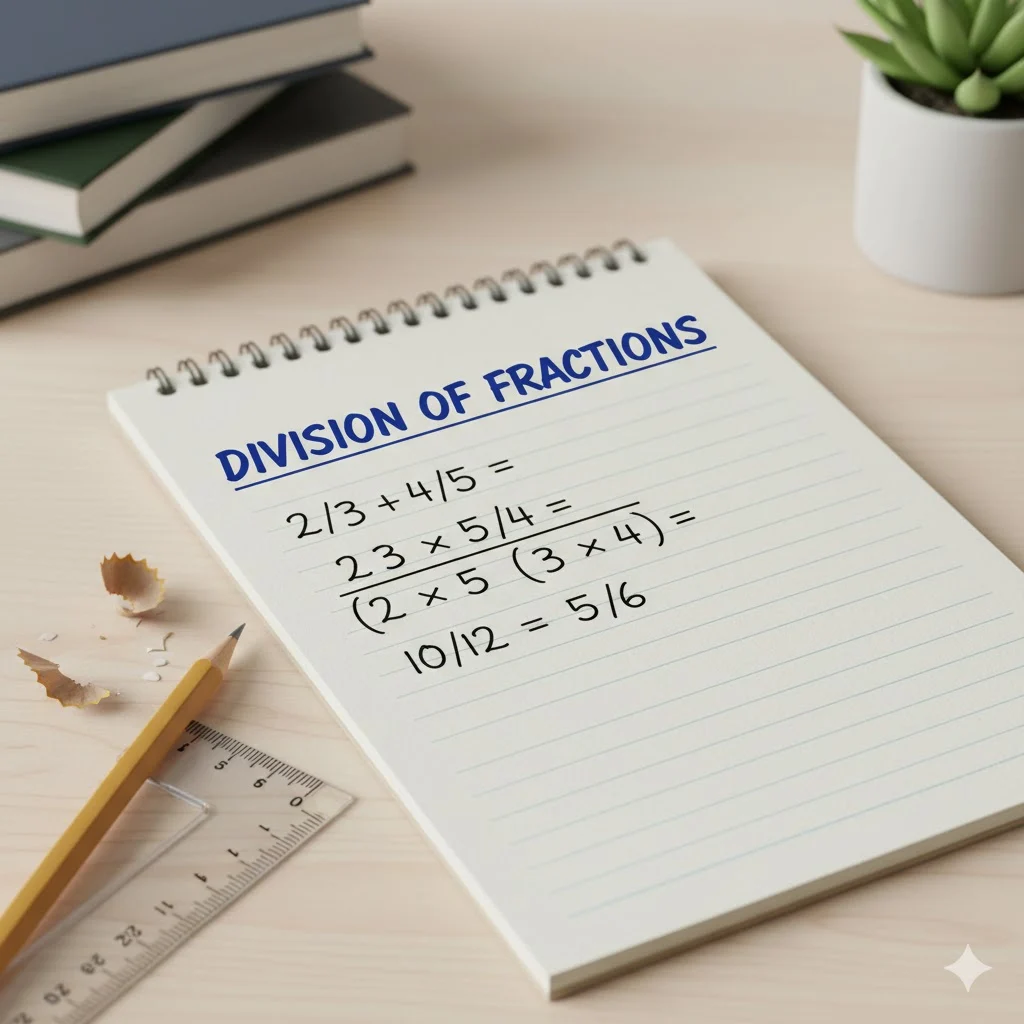 Notebook-style math illustration showing step-by-step division of fractions