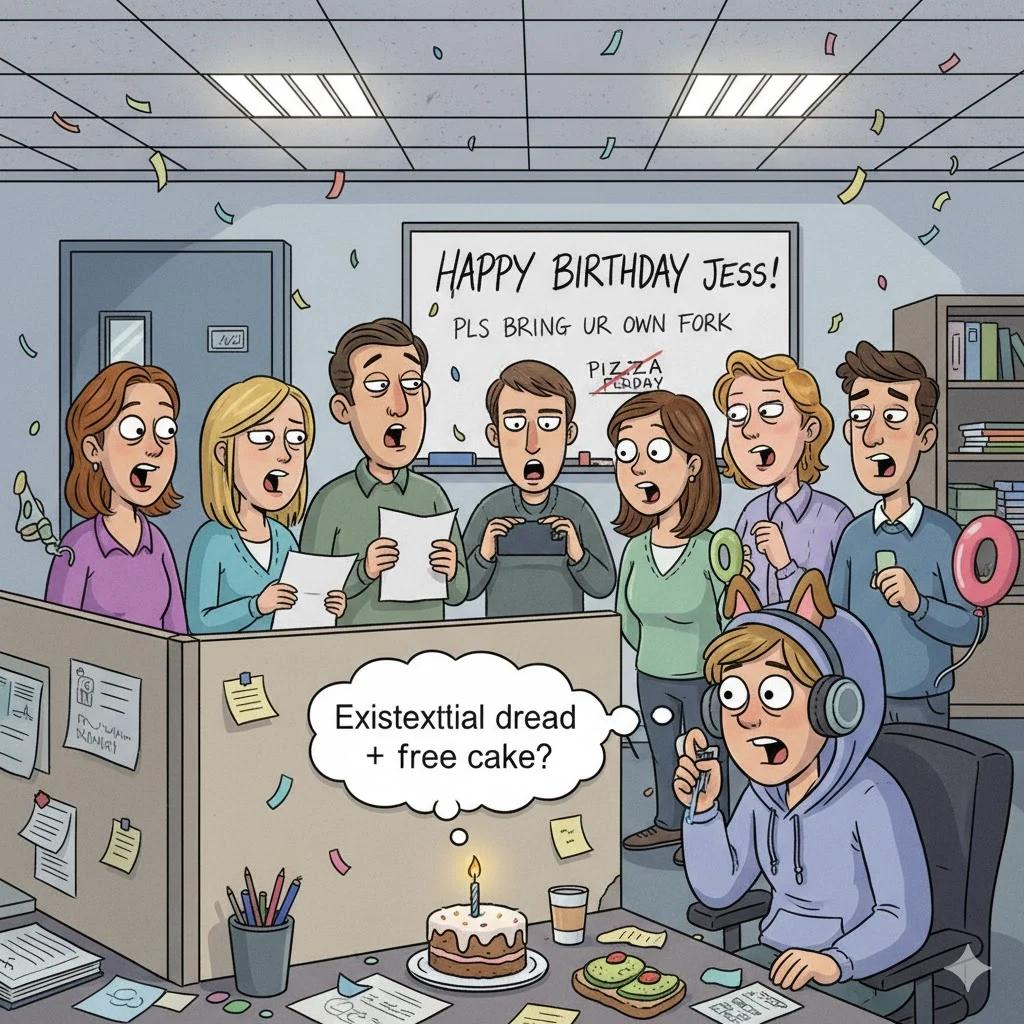 Office birthday party chaos: coworkers awkwardly singing ‘Happy Birthday,’ one person hiding behind a cubicle
