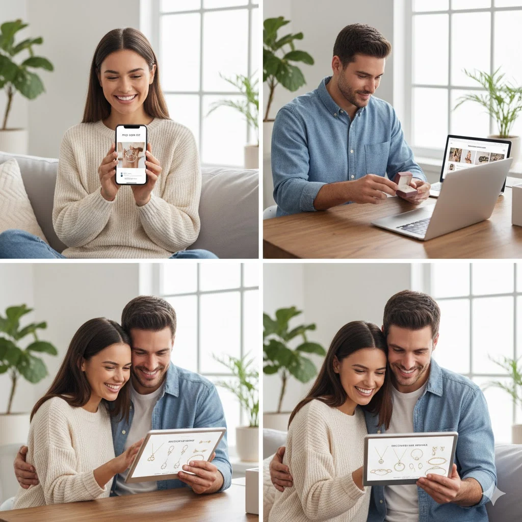 People measuring ring size before buying jewelry online — engagement and wedding shoppers