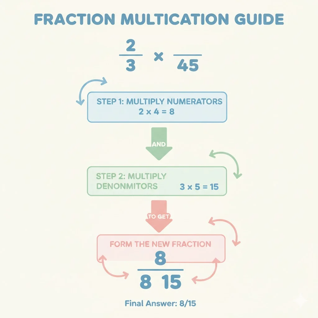 Step-by-step math guide infographic showing fraction multiplication process