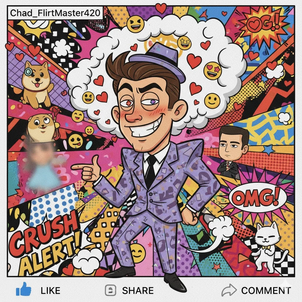 Stylish, confident man smiling at a crush, hearts and emojis floating around