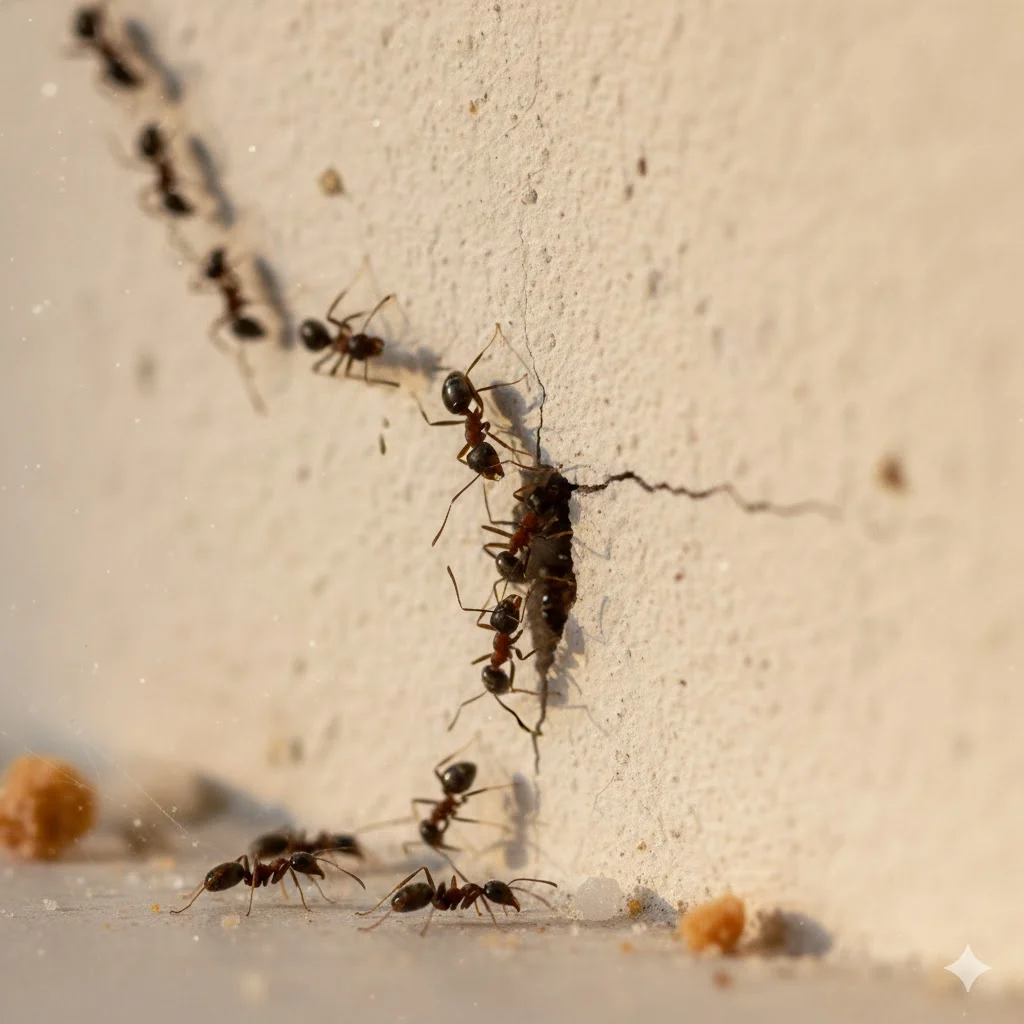 Trail of ants moving along a kitchen wall and entering through a tiny crack