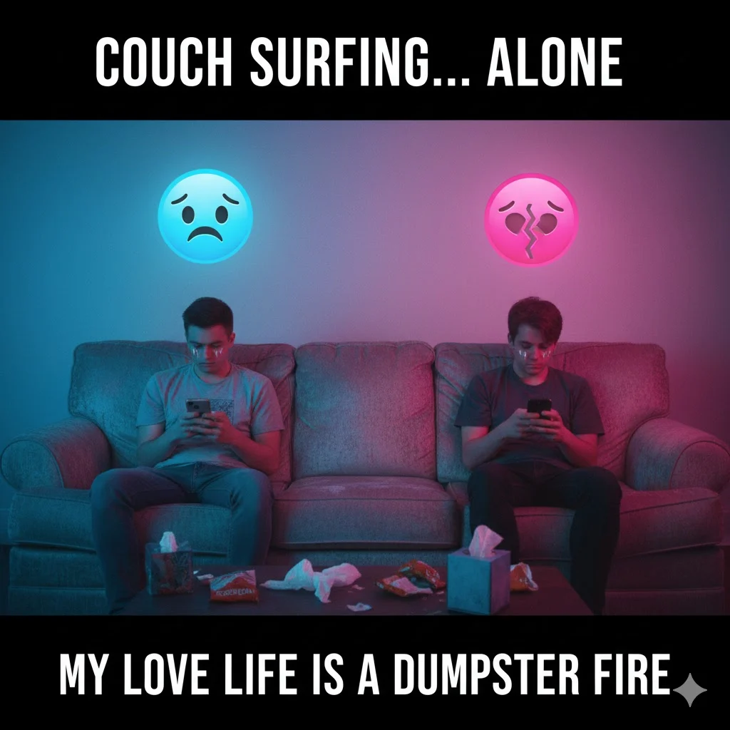 Two people sitting apart on a couch, both looking at phones