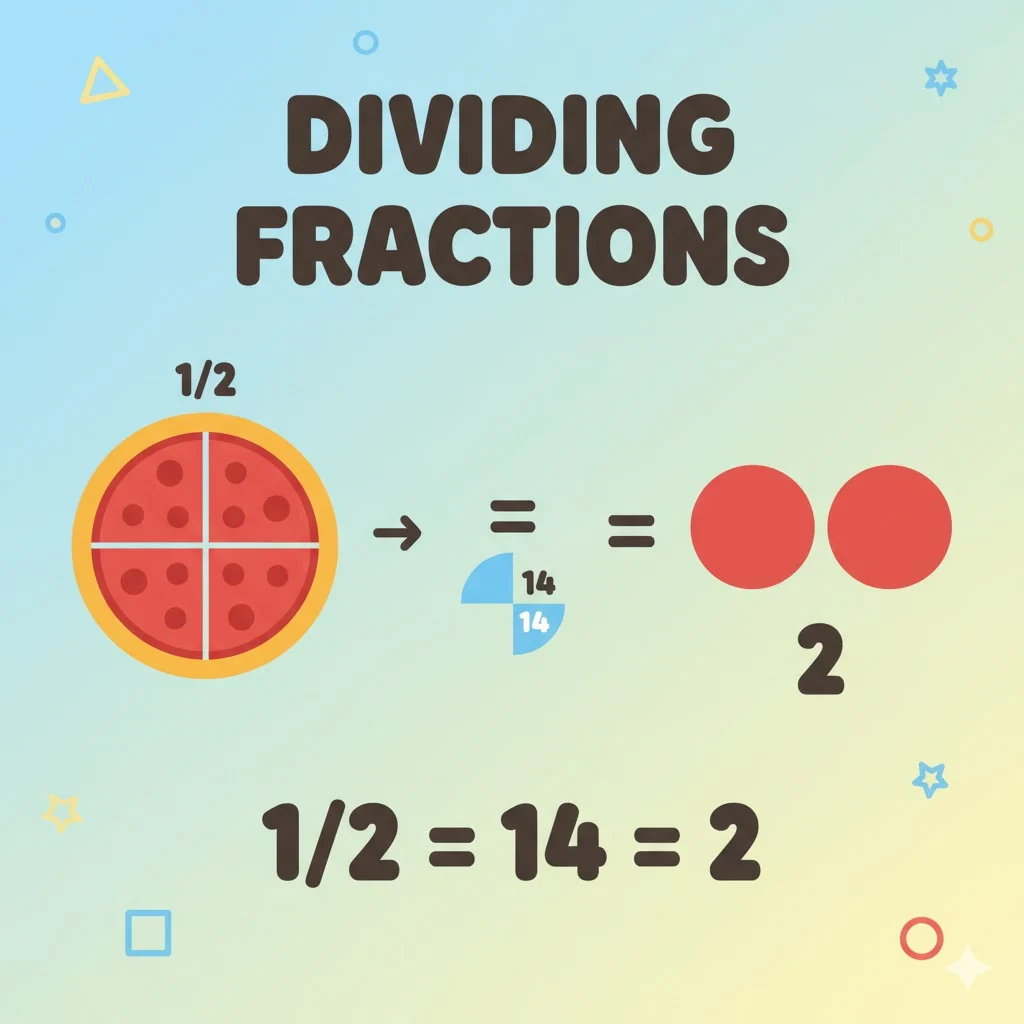 Visual concept of dividing fractions using a pizza or circle diagram
