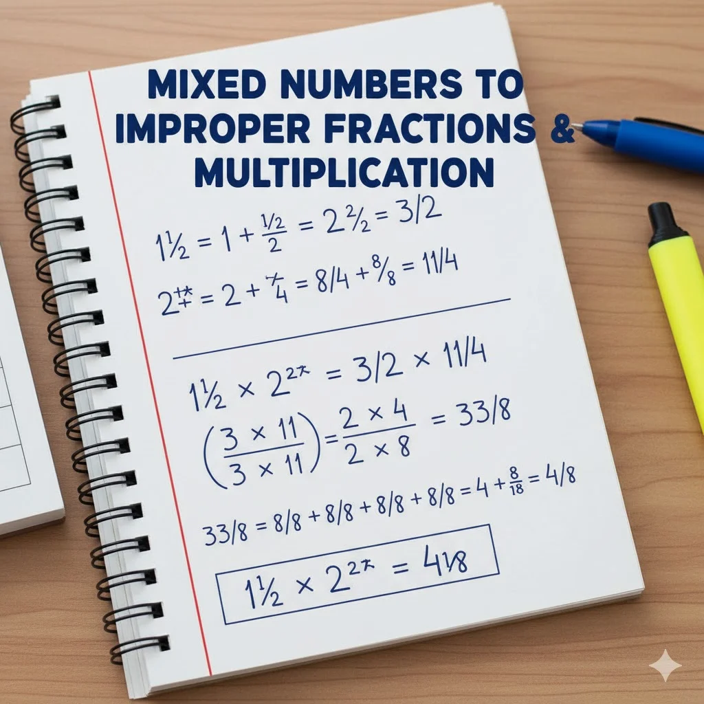 Visual of mixed numbers being converted to improper fractions and multiplied