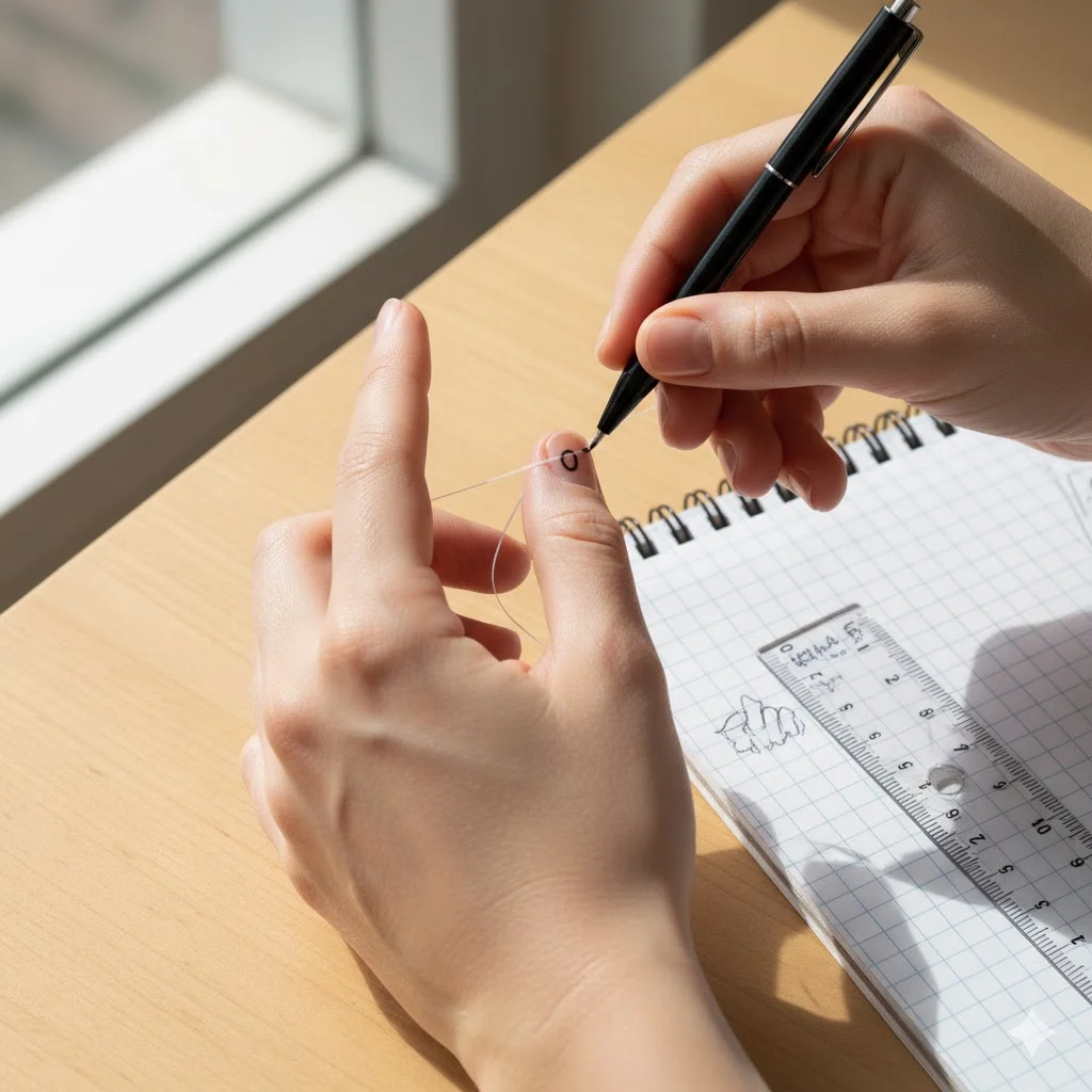 Woman using floss to measure ring size at home accurately