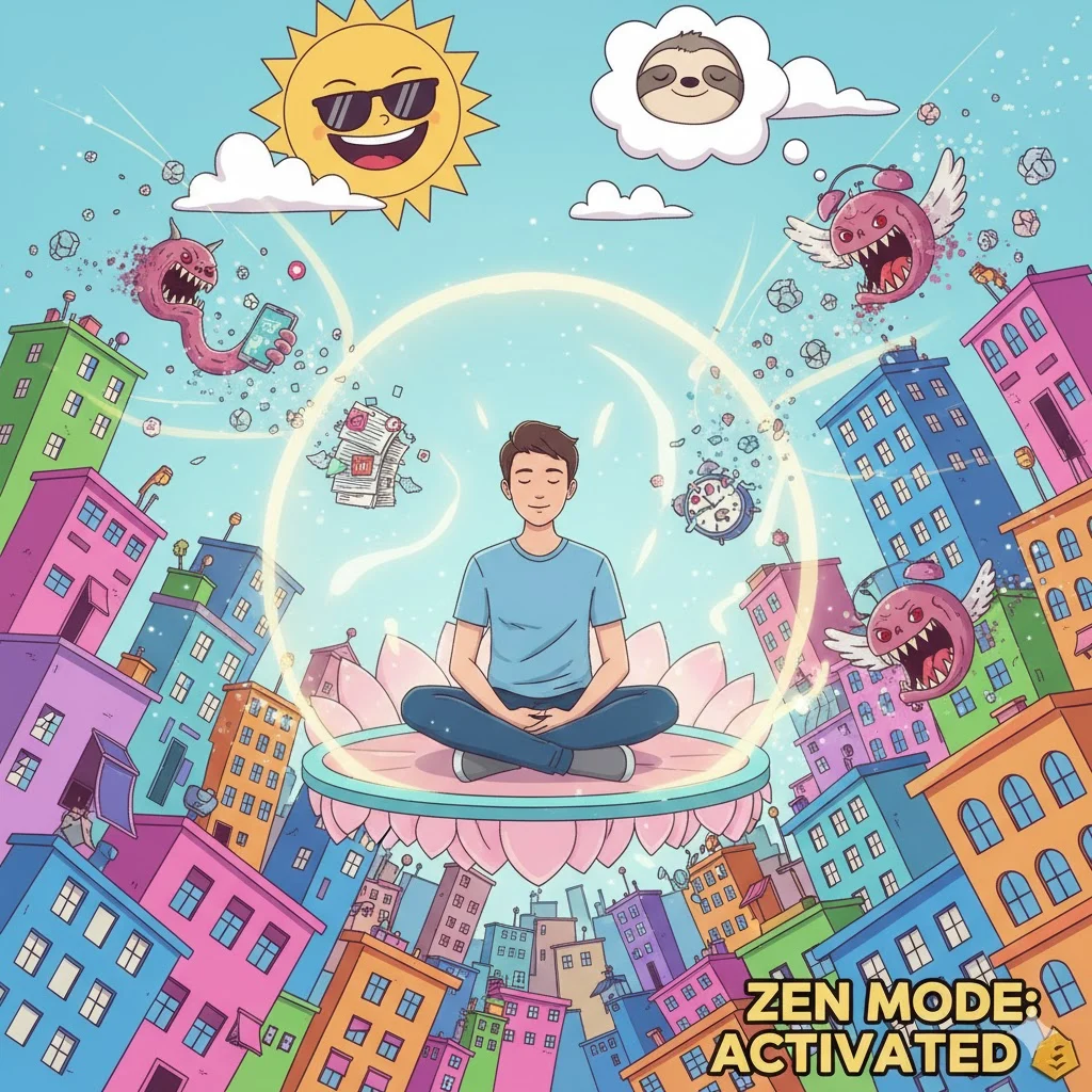 Young man meditating on a floating platform in a chaotic