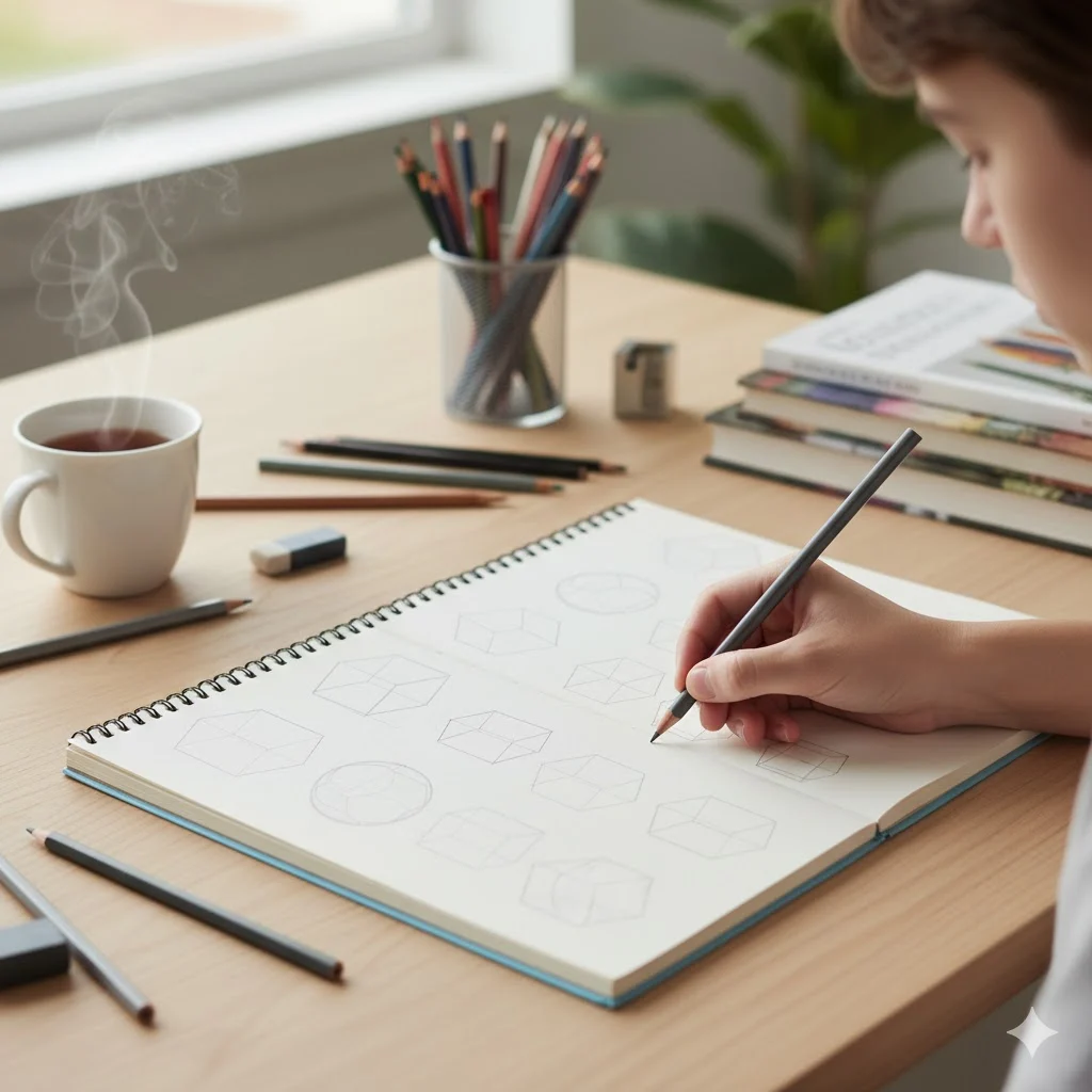 Beginner drawing basic shapes on paper for learning fundamentals