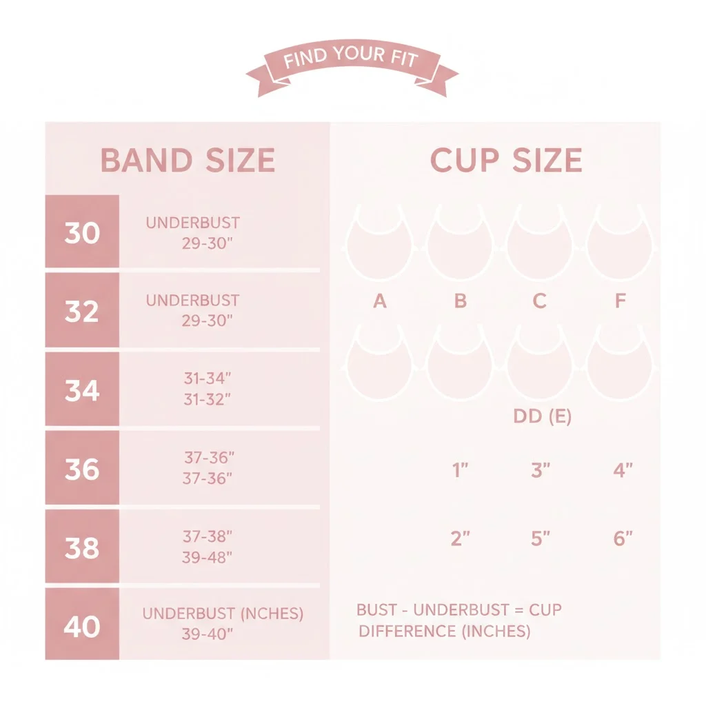 bra size chart showing difference between band and bust for cup sizes