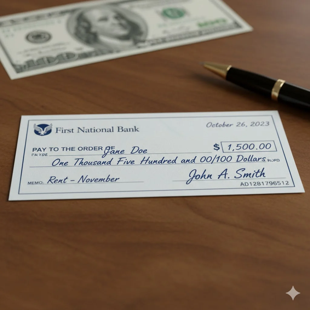 Completed example of a check filled out with date, payee, amount, memo, and signature
