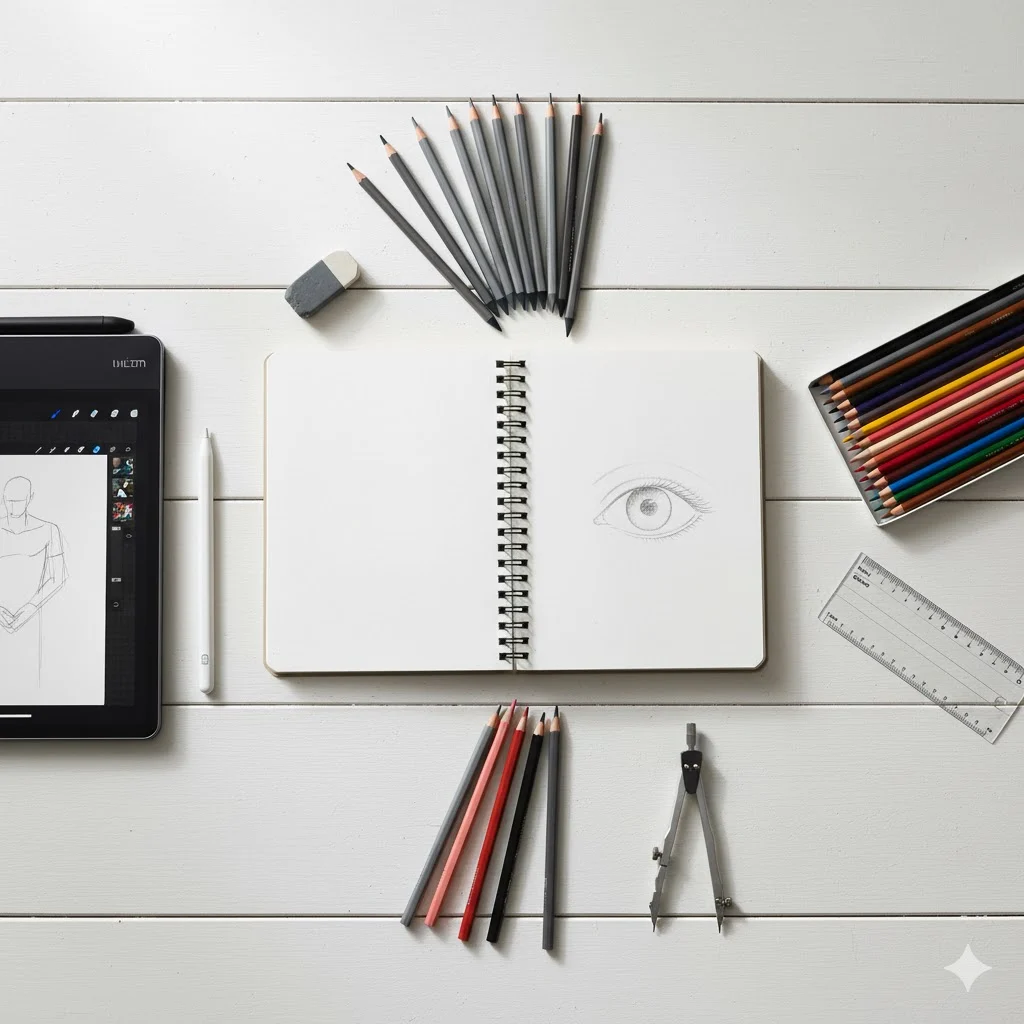 Essential drawing tools for beginners including pencils, erasers, sketchbook, and digital tablet