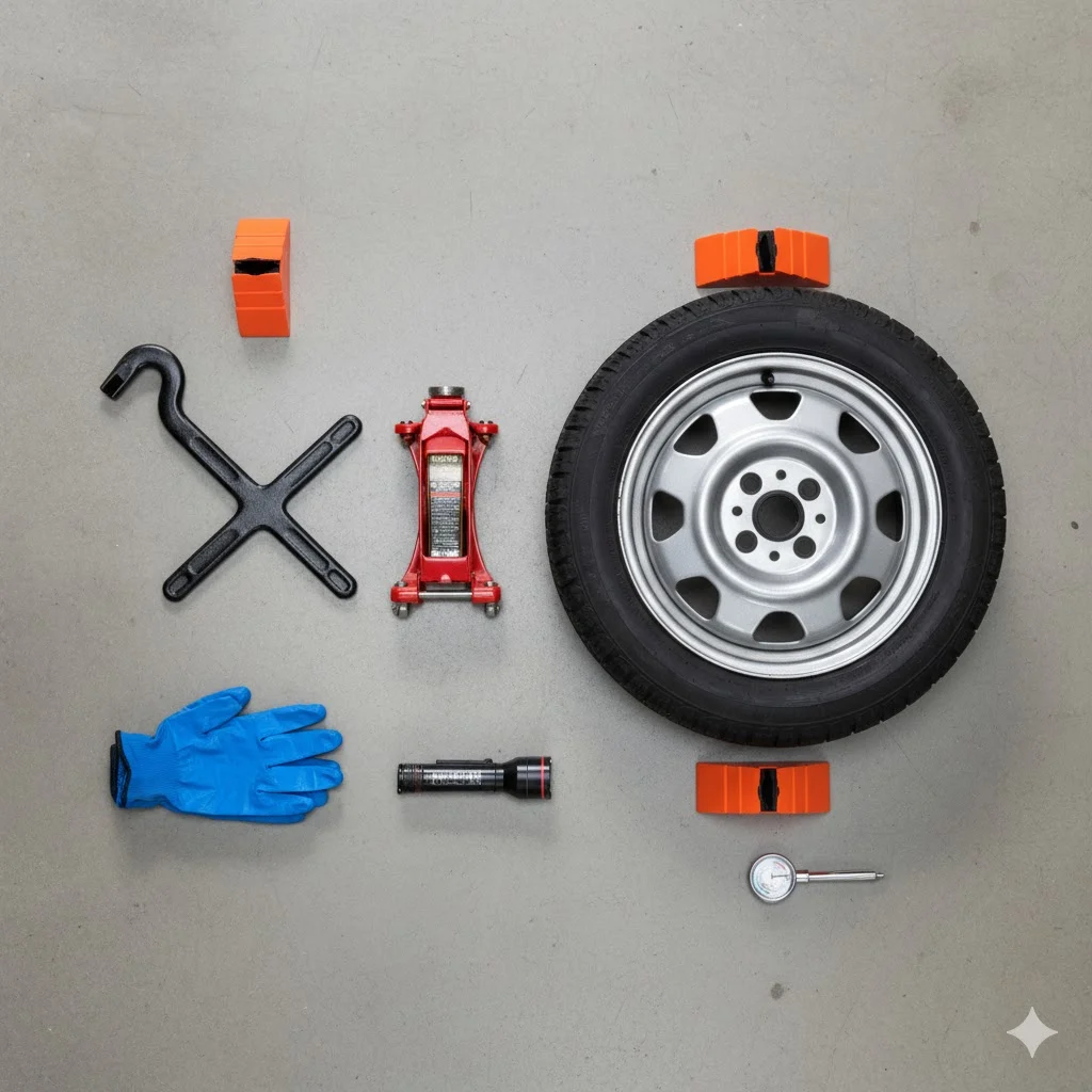 Essential tools for changing a car tire laid out on the ground