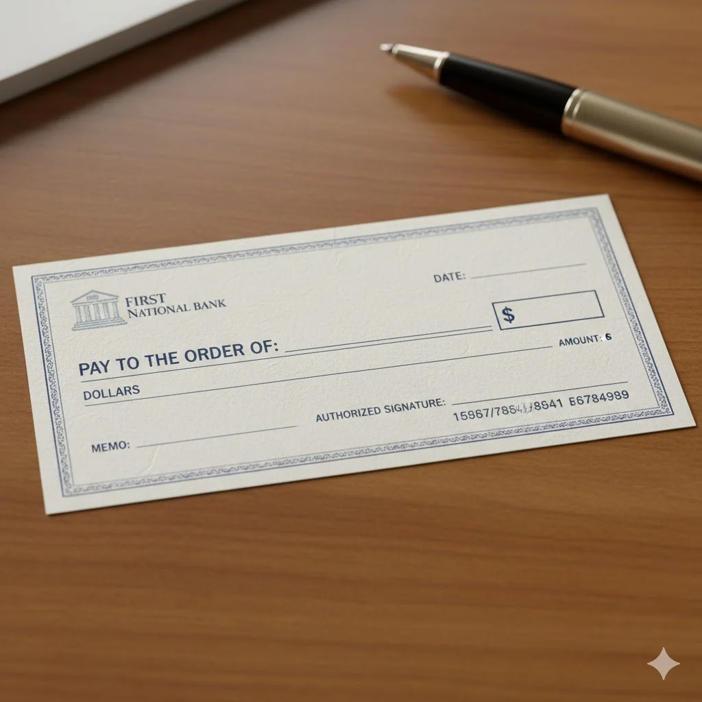 Example of a blank check showing payee, date, amount, memo, and signature fields.