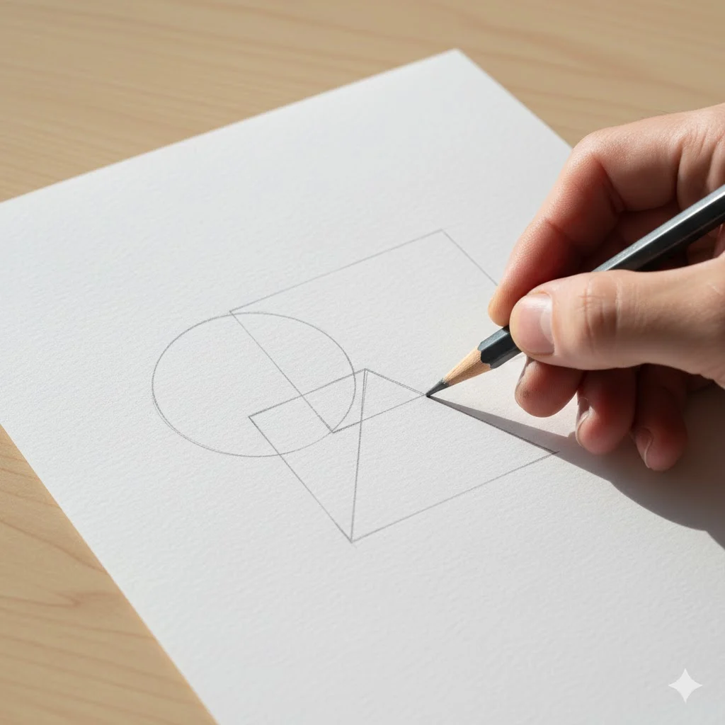 Hand drawing geometric shapes with pencil on sketchbook for learning basic drawing