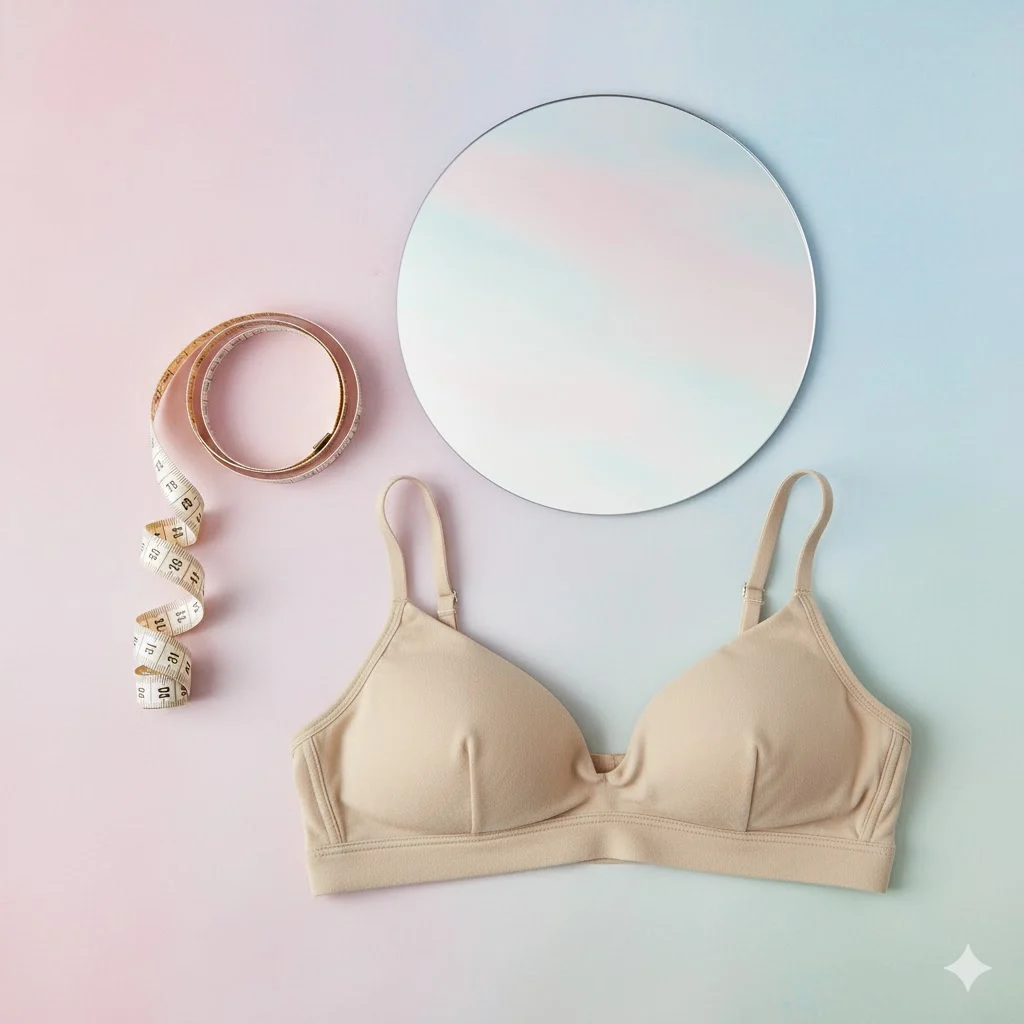 soft measuring tape, mirror, and bra on table ready to measure bra size