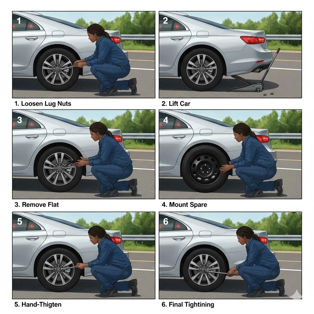 Step-by-step guide showing how to change a flat tire on a car safely