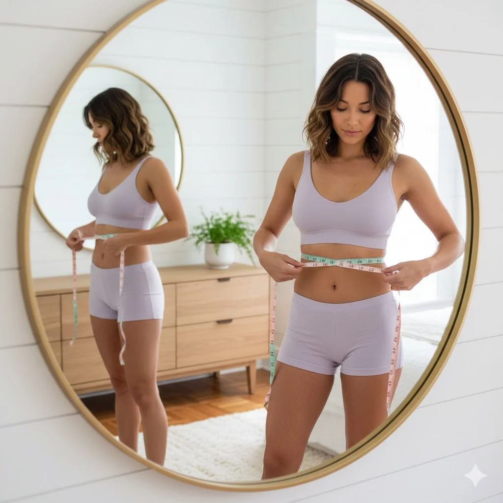 woman measuring band size under bust using tape measure